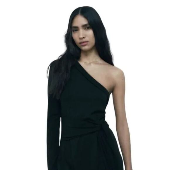 Zara Black Knit Asymmetric One Shoulder MidiTie Waist Dress with Size Large - Picture 2 of 6